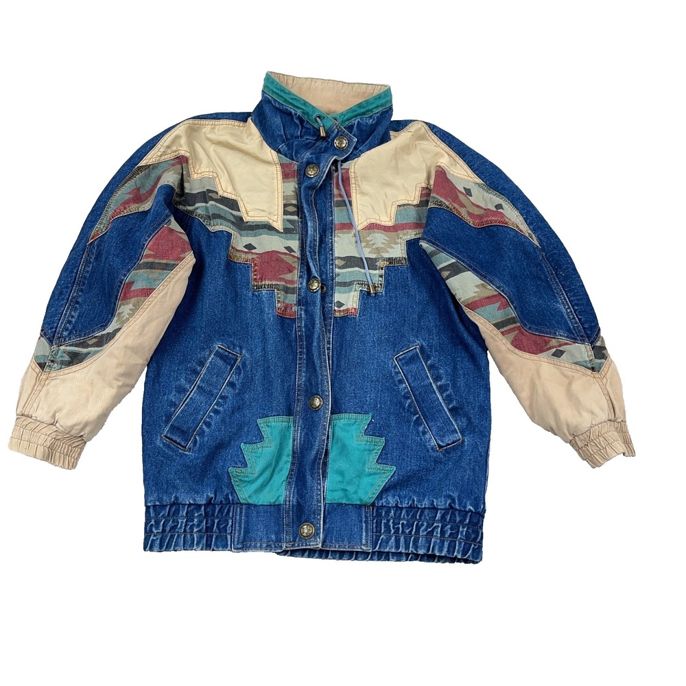 Vintage Weathered Blues Denim Jacket Women Small Lined Southwestern Aztec 90s